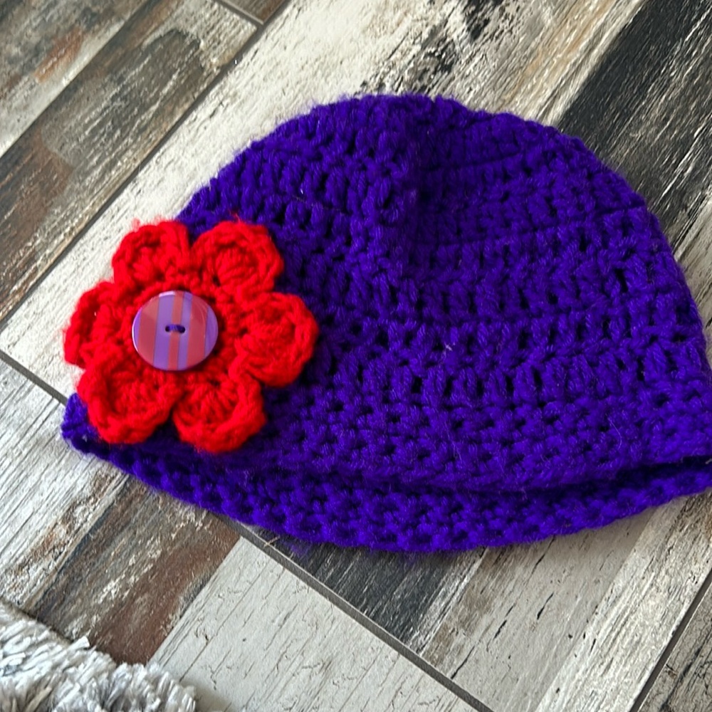 Purple and red crocheted hat
